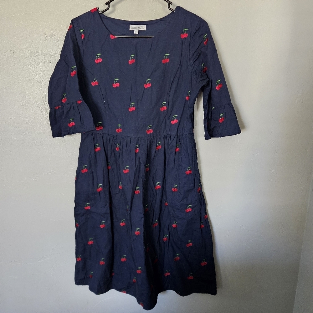 Sweet Salt Women's Navy Blue Dress with Cherry Embroidery Quarter Sleeve Midi
